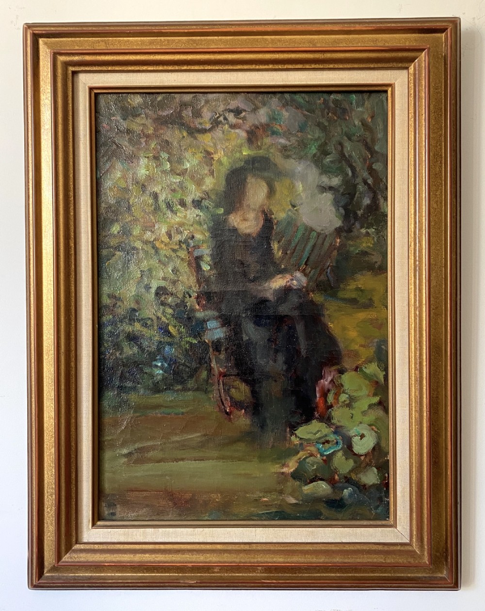 A Post-Impressionist oil painting on canvas depicting a seated figure in dark attire within a dappled green and earthy park background. View V
