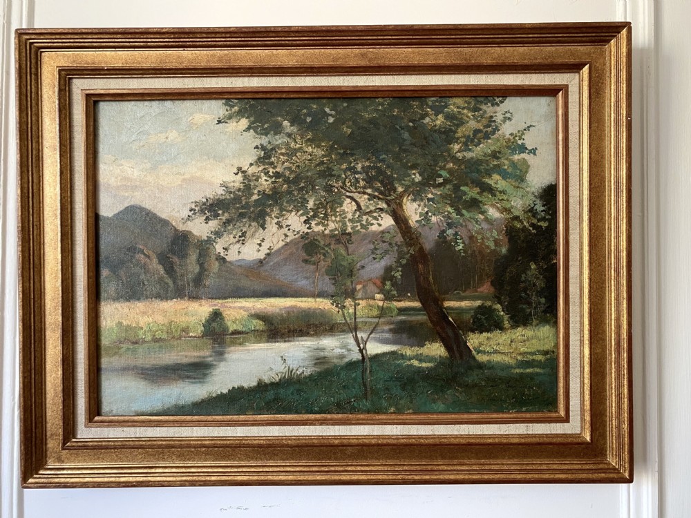 Peaceful River Landscape, 1901 Summer in the Voges Mountains, the Moselle near Remiremont, French antique oil on canvas View VI