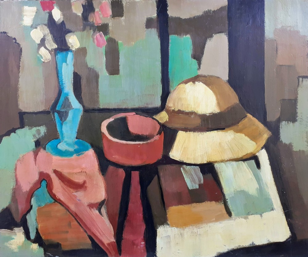 The Straw Hat: abstracted cubist still life modernist French oil on panel 