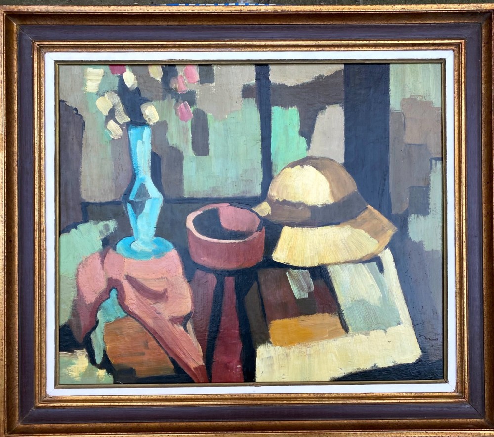 The Straw Hat: abstracted cubist still life modernist French oil on panel  View II