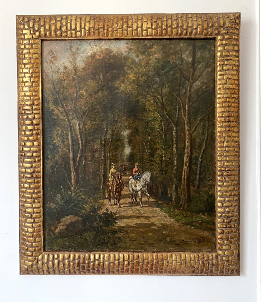 The Amazones: horses and riders in the woods art nouveau circa 1890 French equestrian oil on canvas View VI