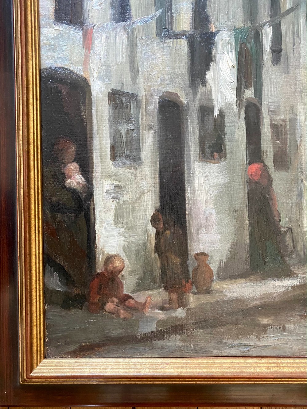 Activity in a Victorian slum, circa 1890: stunning large and modern British oil on canvas  View II