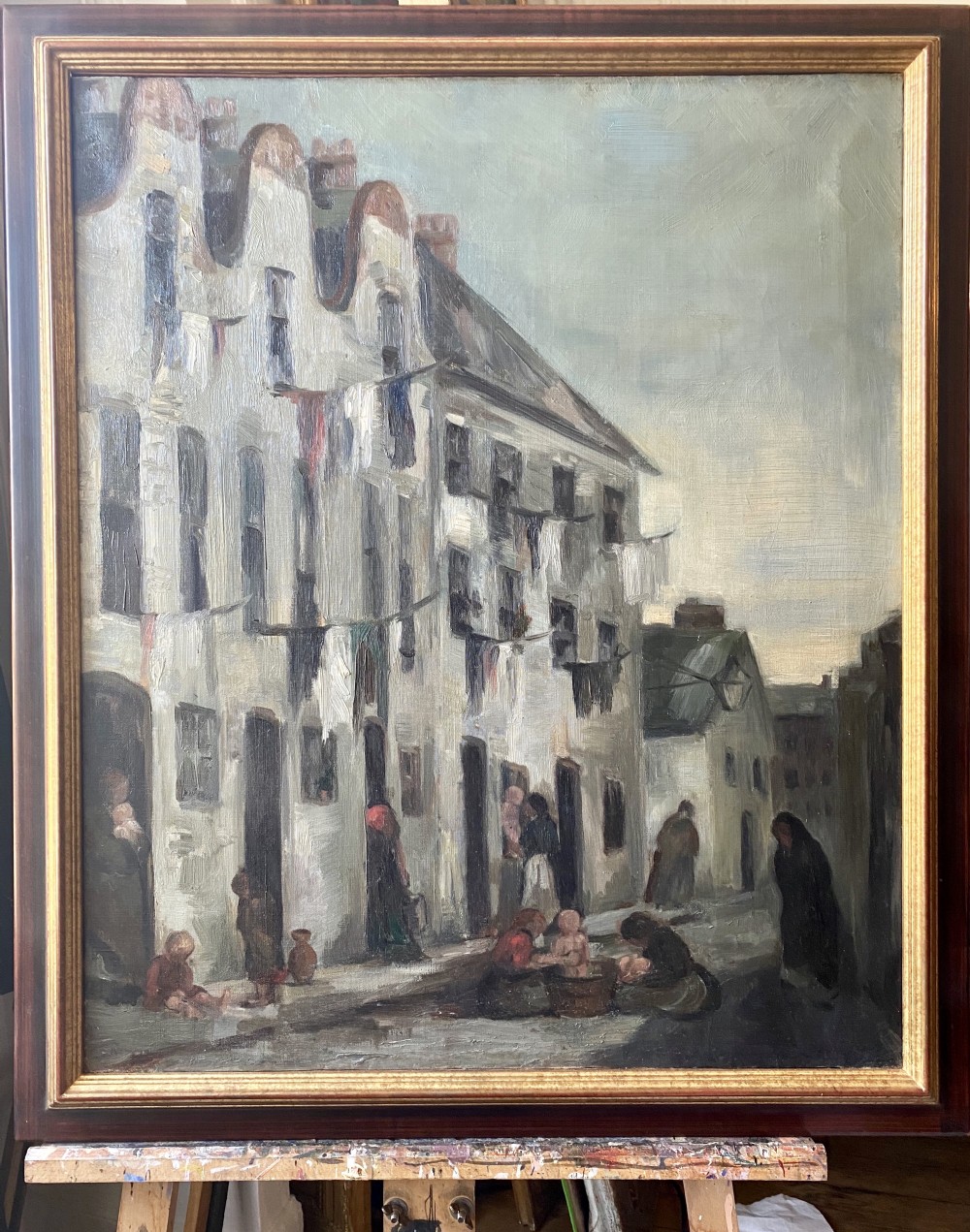 Activity in a Victorian slum, circa 1890: stunning large and modern British oil on canvas  View V