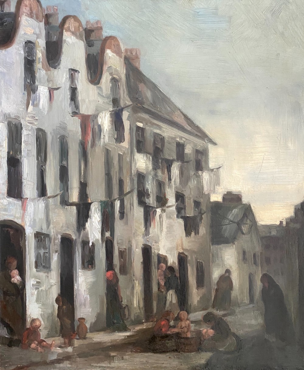 Activity in a Victorian slum, circa 1890: stunning large and modern British oil on canvas  View VI