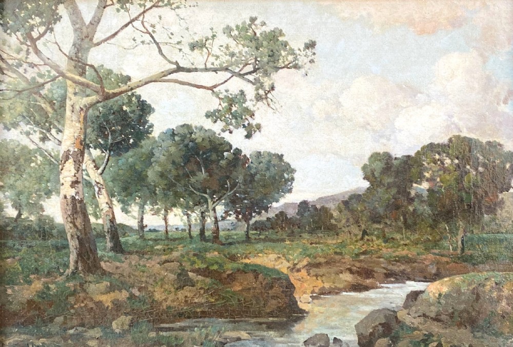A nineteenth-century French oil painting on canvas depicting birch trees along a riverbank in a Provencal landscape.