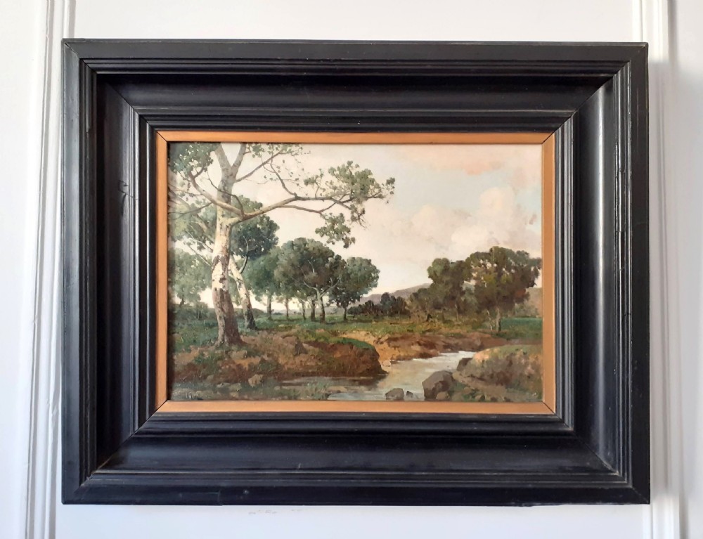A nineteenth-century French oil painting on canvas depicting birch trees along a riverbank in a Provencal landscape. View II