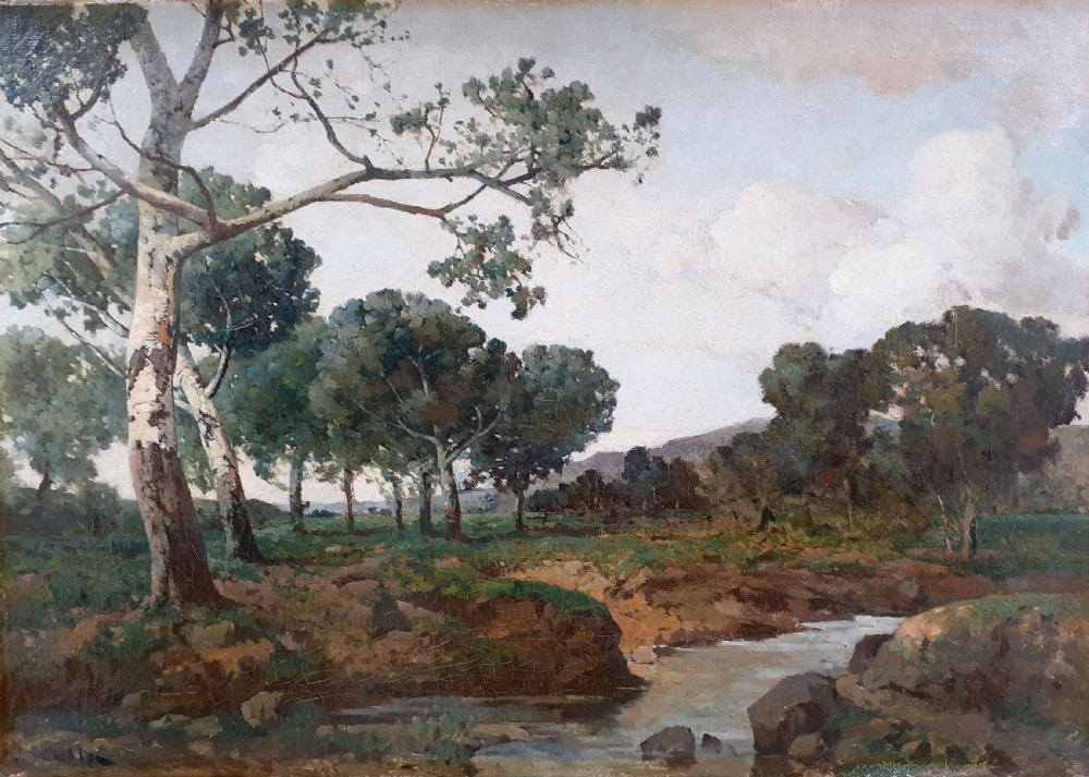 A nineteenth-century French oil painting on canvas depicting birch trees along a riverbank in a Provencal landscape. View III