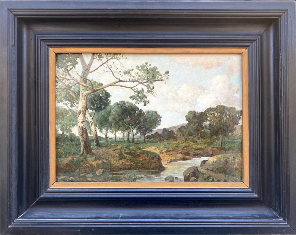 A nineteenth-century French oil painting on canvas depicting birch trees along a riverbank in a Provencal landscape. View V
