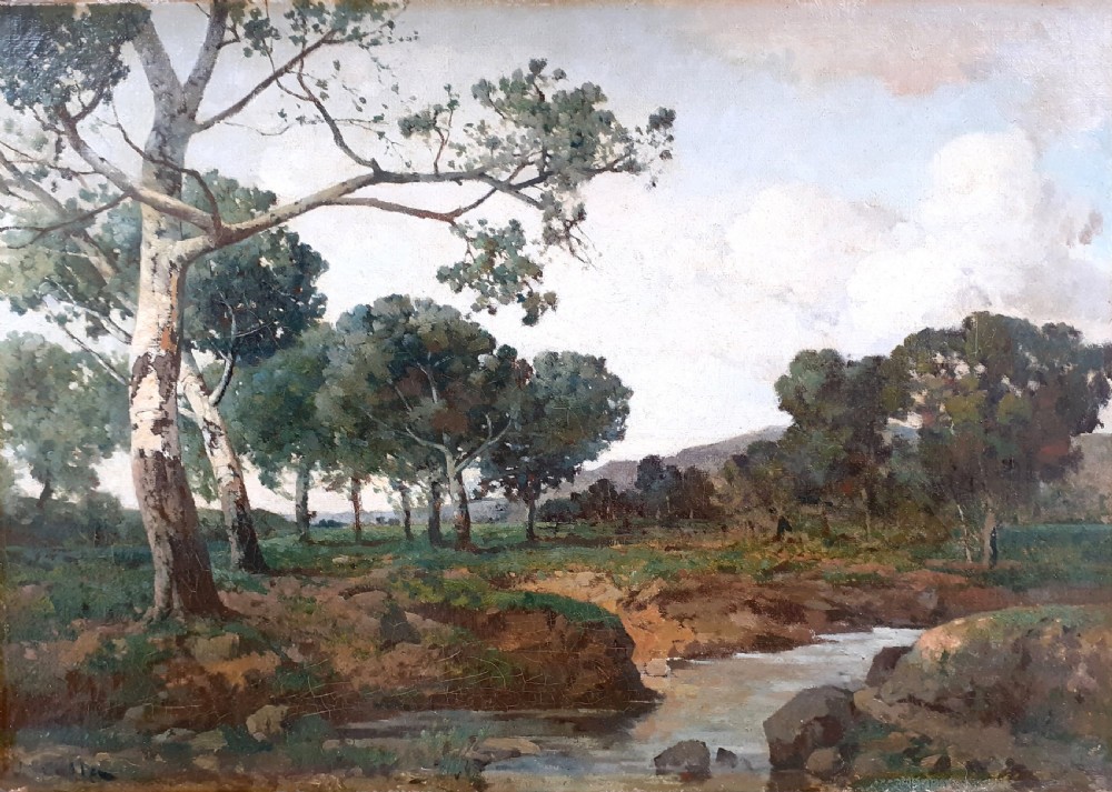 A nineteenth-century French oil painting on canvas depicting birch trees along a riverbank in a Provencal landscape. View VI
