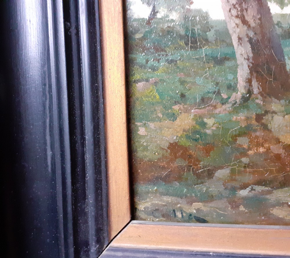 A nineteenth-century French oil painting on canvas depicting birch trees along a riverbank in a Provencal landscape. View IX