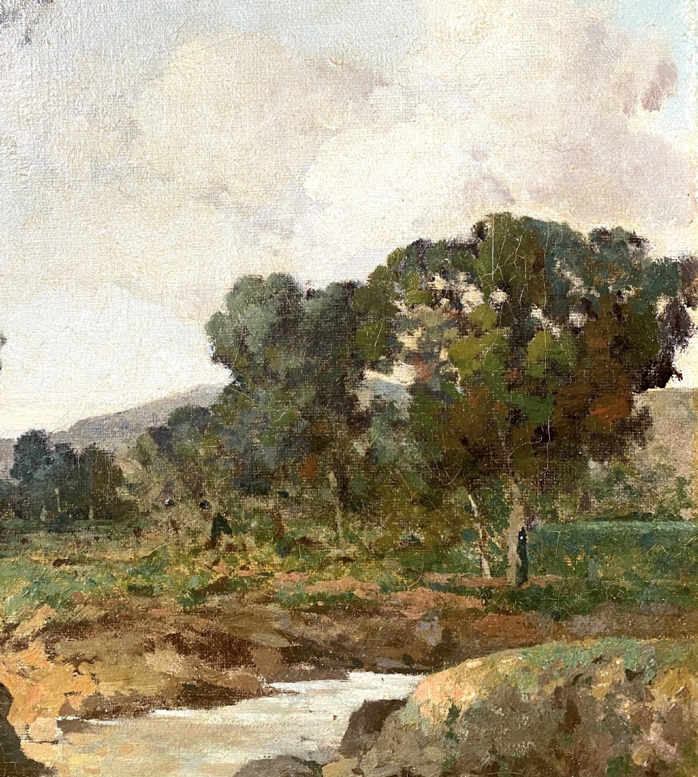 A nineteenth-century French oil painting on canvas depicting birch trees along a riverbank in a Provencal landscape. View X
