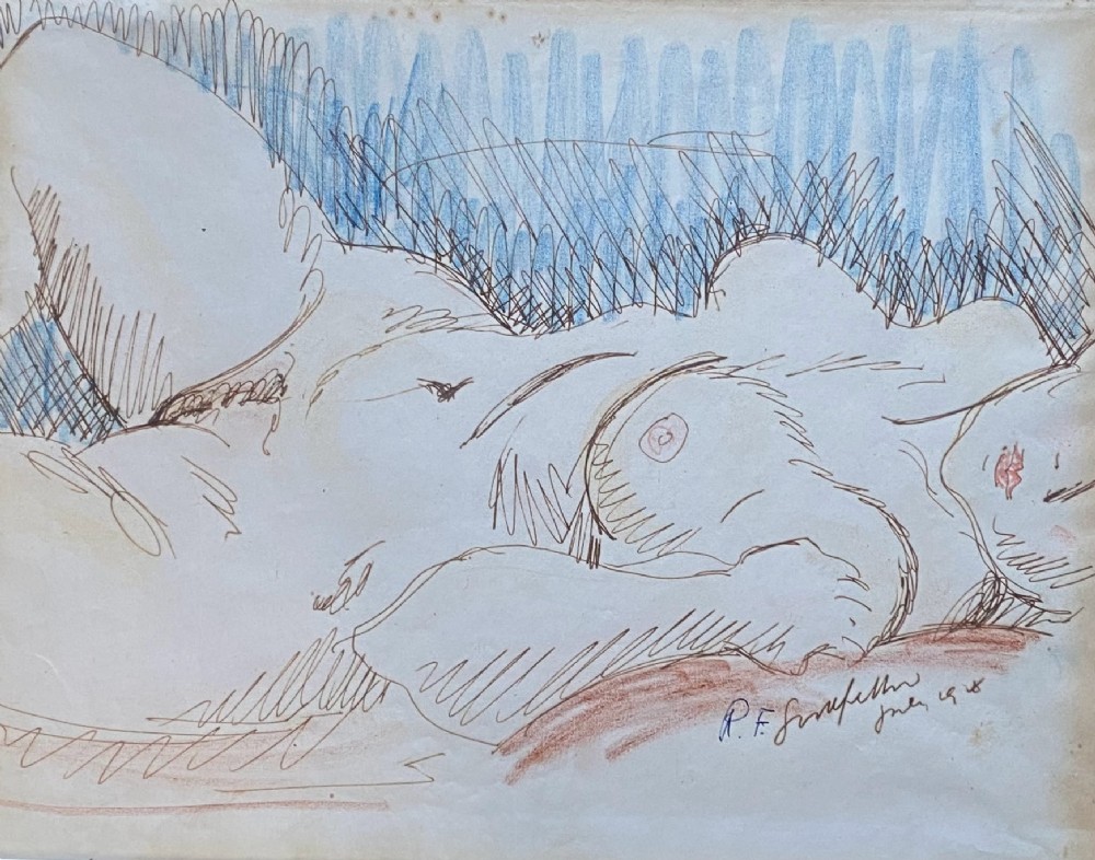 Audacious art deco nude, 1918 expressive ink and watercolour painting on paper