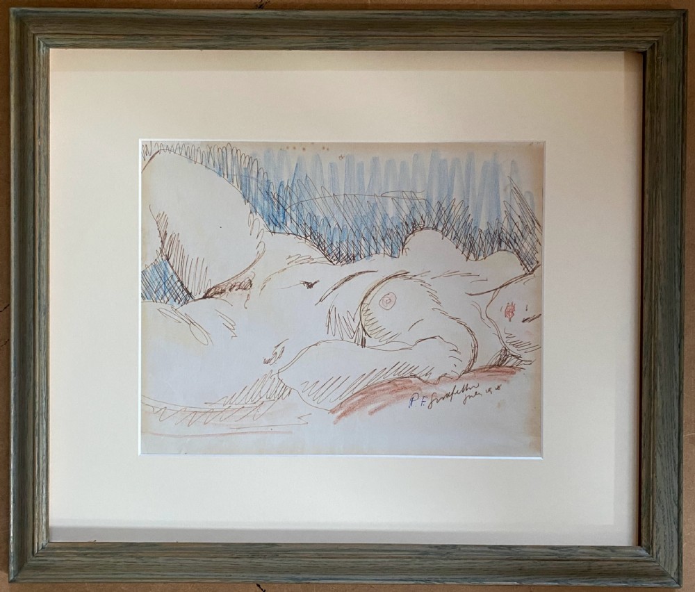Audacious art deco nude, 1918 expressive ink and watercolour painting on paper View II