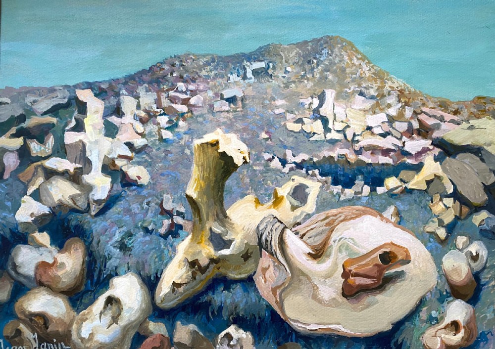 Surrealist Mushroom Mountain, ca 1940, French Art Deco gouache on paper painting 