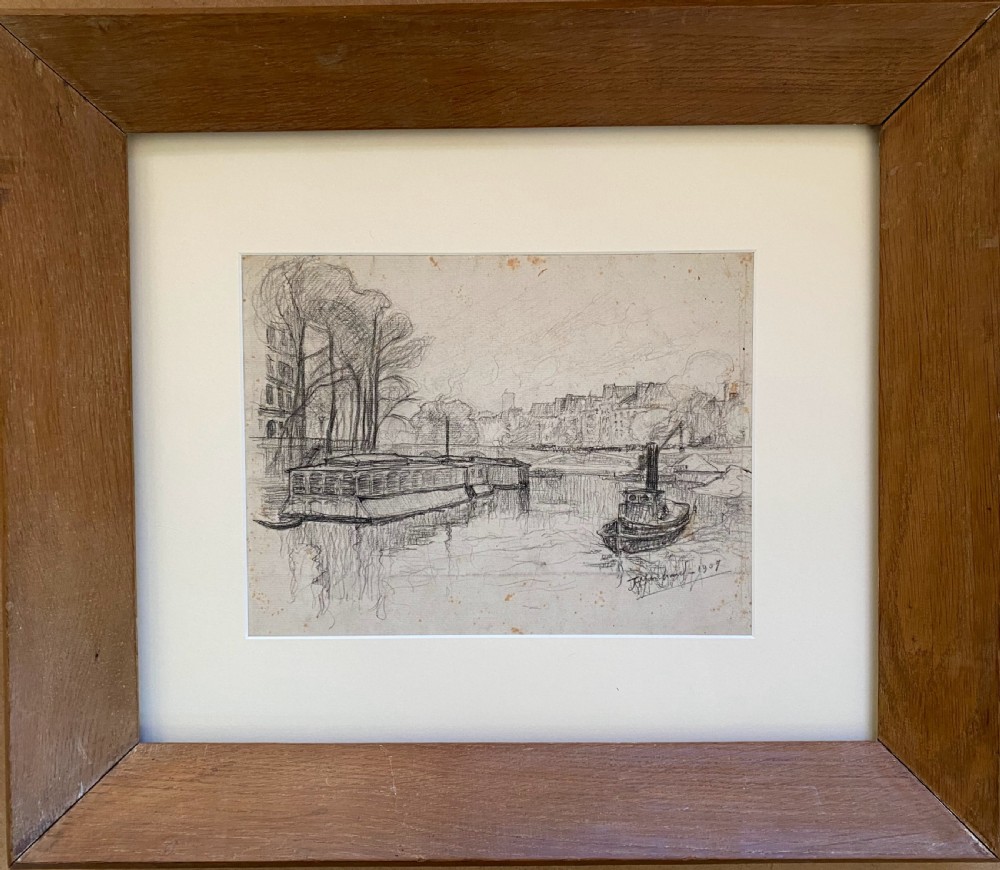 Bloomsbury group artist 1907 Paris Riverscape barges on the Seine: Jean Hippolyte Marchand (1883–1941) graphite on paper drawing View II