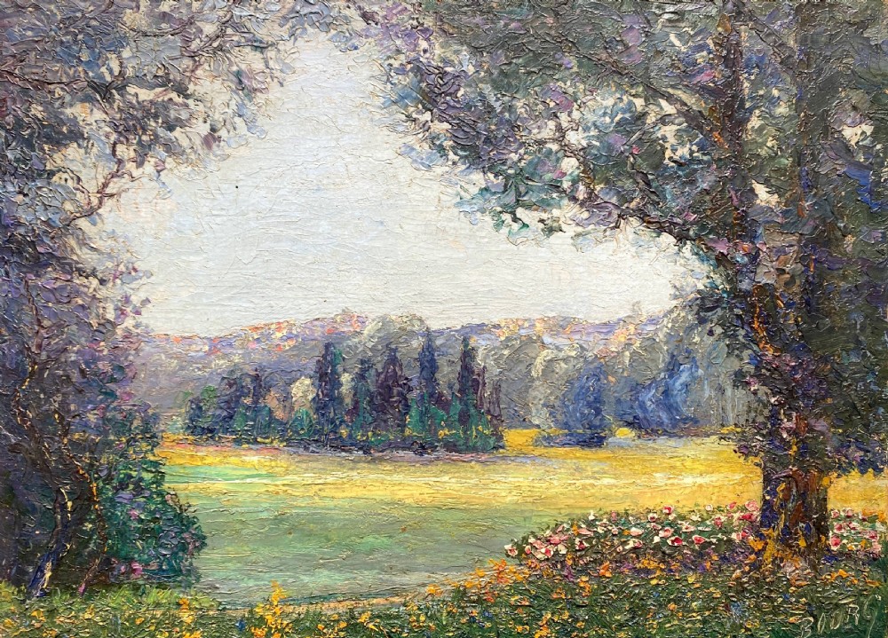 Joys of May, Spring in the Valley, French Impressionist landscape 1914 oil on panel View VII