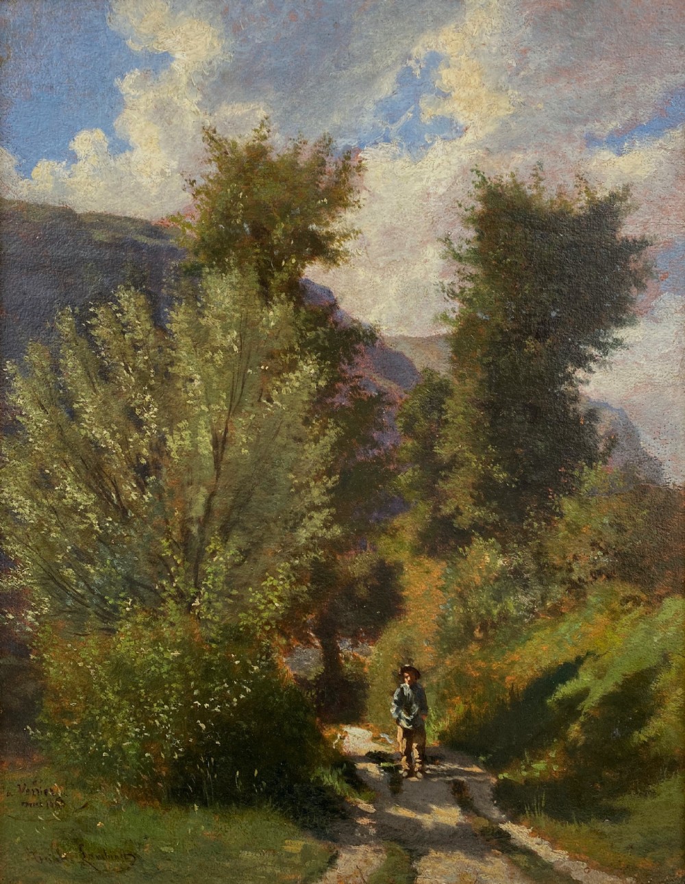 Barbizon plein air painting:by Corot student:  walking in the month of May, 1863, French 19th Century oil on board