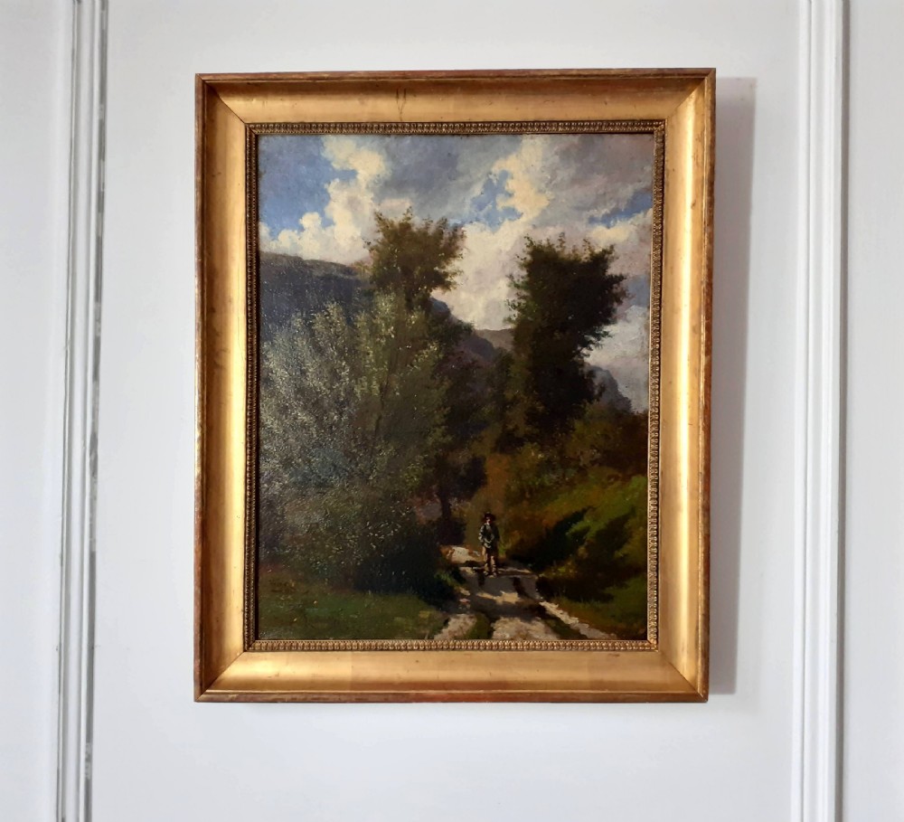 Barbizon plein air painting:by Corot student:  walking in the month of May, 1863, French 19th Century oil on board View VII