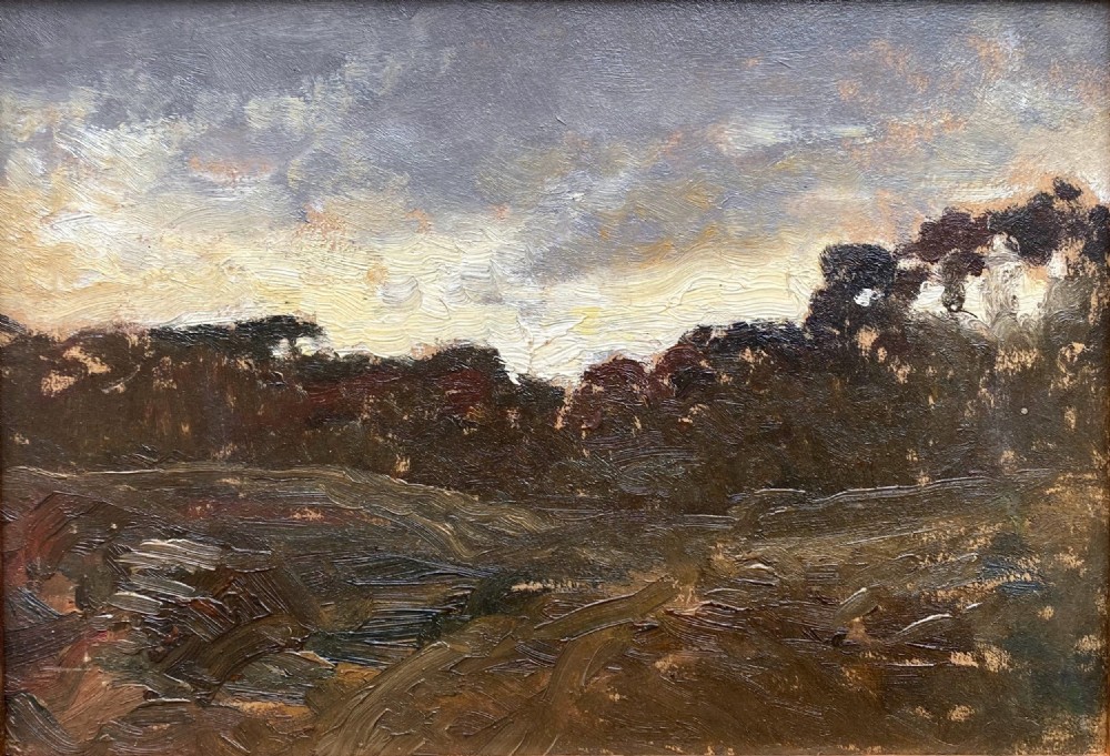 Barbizon school, silhouetted trees, Fontainebleau forrest CHIAROSCURO effect plein air painting, circa 1860, French oil on paper on panel