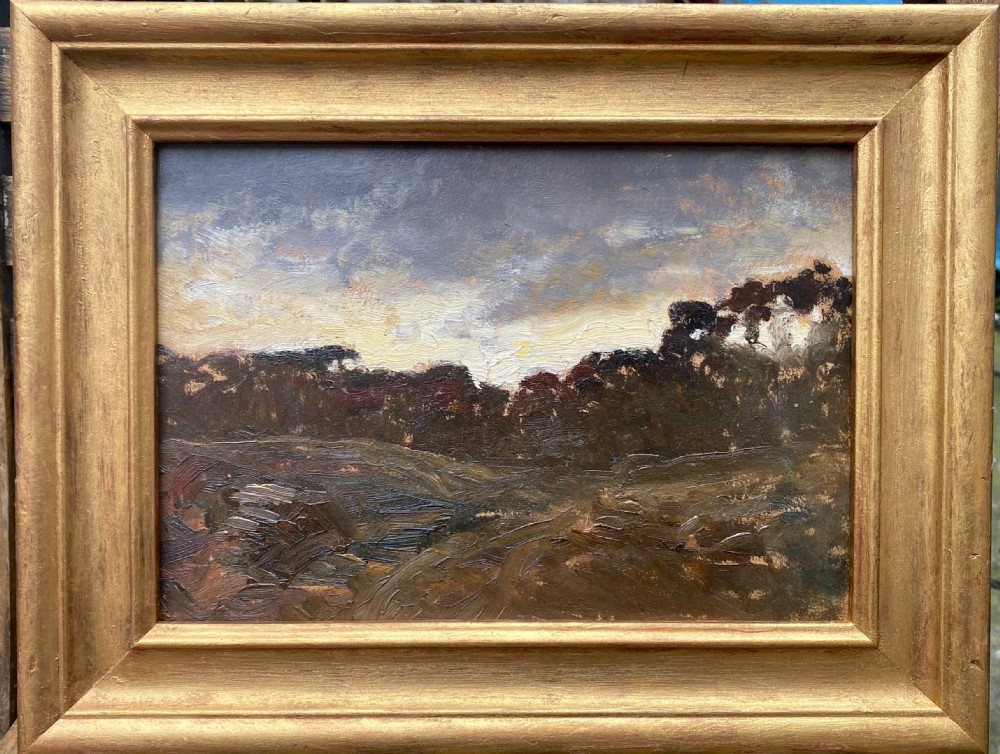Barbizon school, silhouetted trees, Fontainebleau forrest CHIAROSCURO effect plein air painting, circa 1860, French oil on paper on panel View II