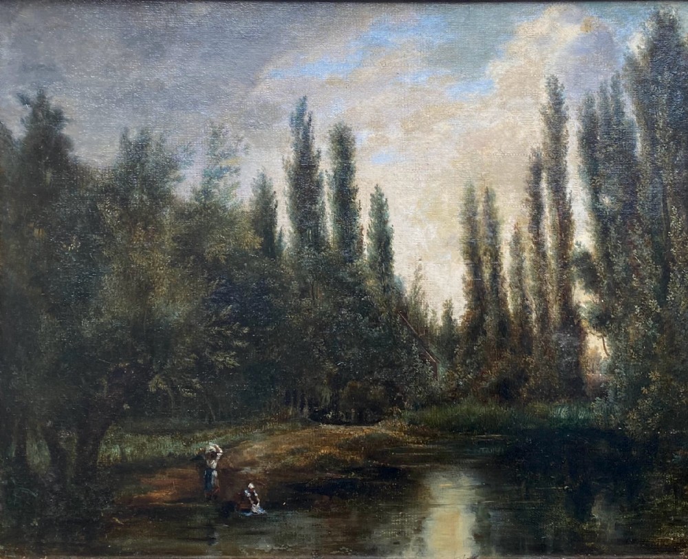 Laundry on the River, circa 1860 French Barbizon landscape oil on canvas