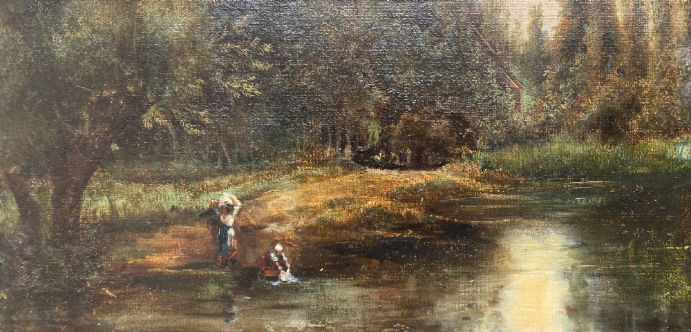 Laundry on the River, circa 1860 French Barbizon landscape oil on canvas View III