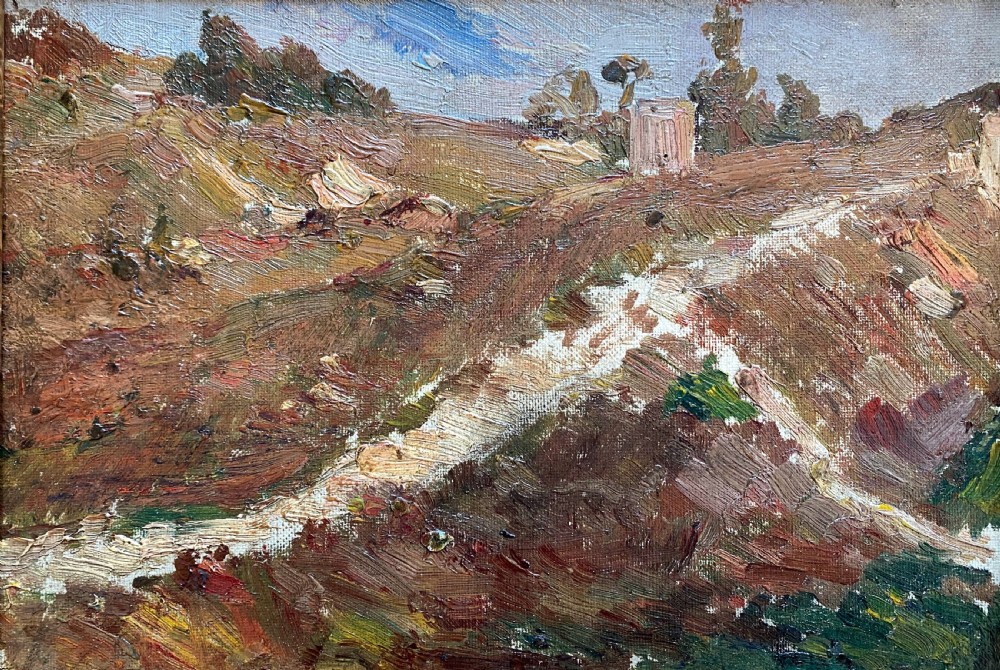 Virtuoso Mysterious landscape, The path, French Impressionist plein air sketch ca 1910, provenance, oil on board