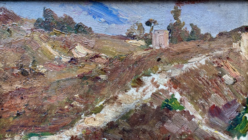 Virtuoso Mysterious landscape, The path, French Impressionist plein air sketch ca 1910, provenance, oil on board View II