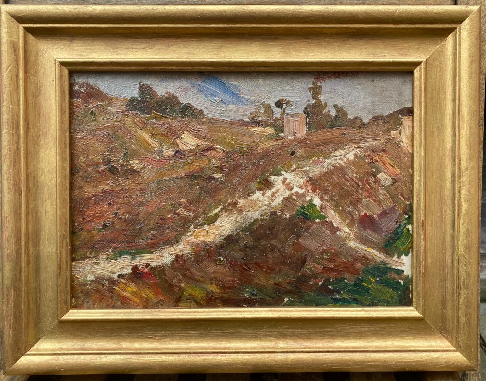 Virtuoso Mysterious landscape, The path, French Impressionist plein air sketch ca 1910, provenance, oil on board View III
