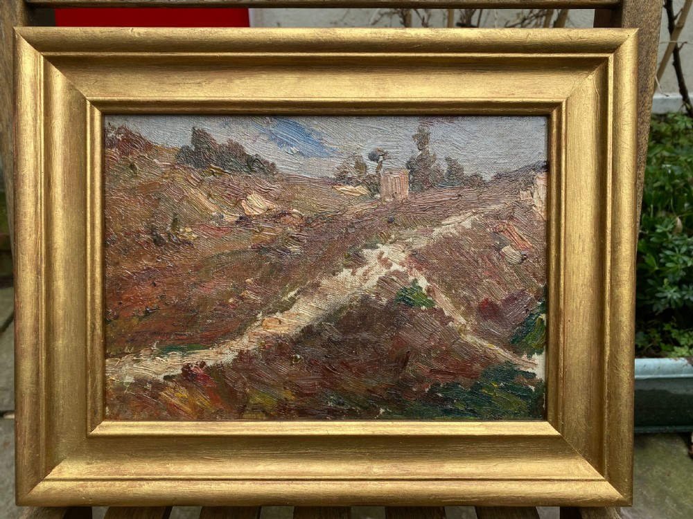 Virtuoso Mysterious landscape, The path, French Impressionist plein air sketch ca 1910, provenance, oil on board View V