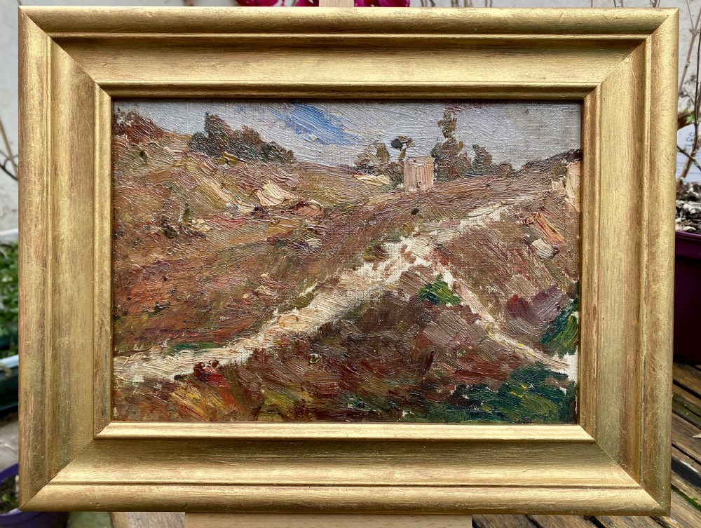 Virtuoso Mysterious landscape, The path, French Impressionist plein air sketch ca 1910, provenance, oil on board View VII