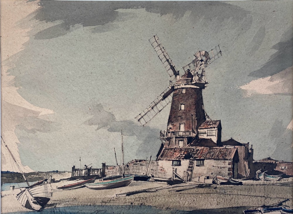 Norfolk Windmill, Cley next the Sea, Holt, East Anglian landscape watercolour on paper