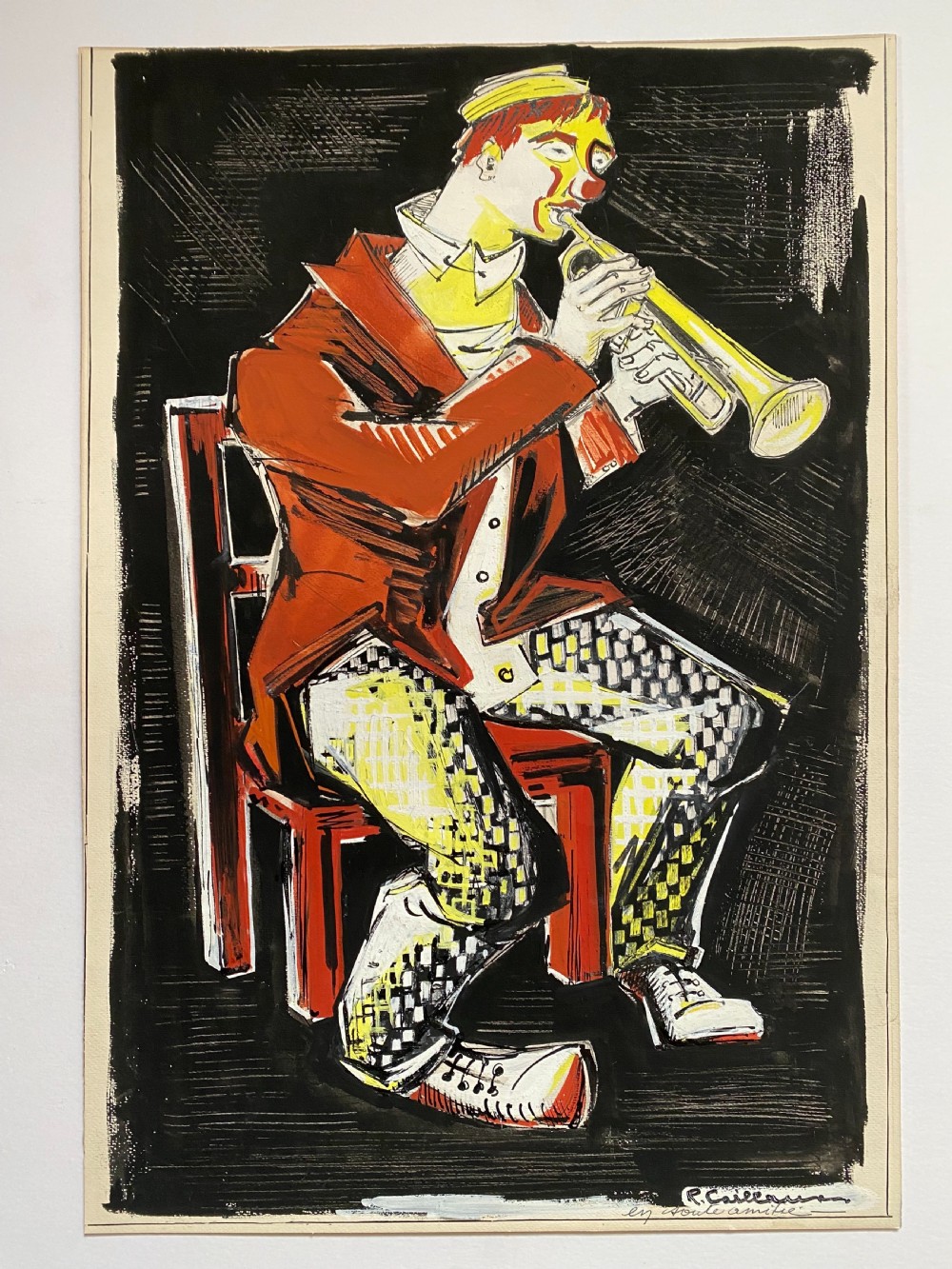 A mid-century gouache painting on paper illustrating a clown in a red jacket and patterned trousers seated on a chair while playing a golden trumpet.