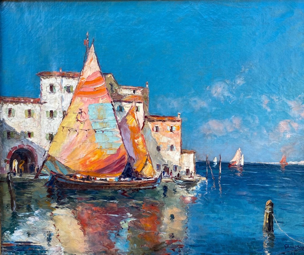 Sail boats in the Venetian Lagoon, ca 1920 mediterranean seascape Venice, Italy sun flooded oil on canvas