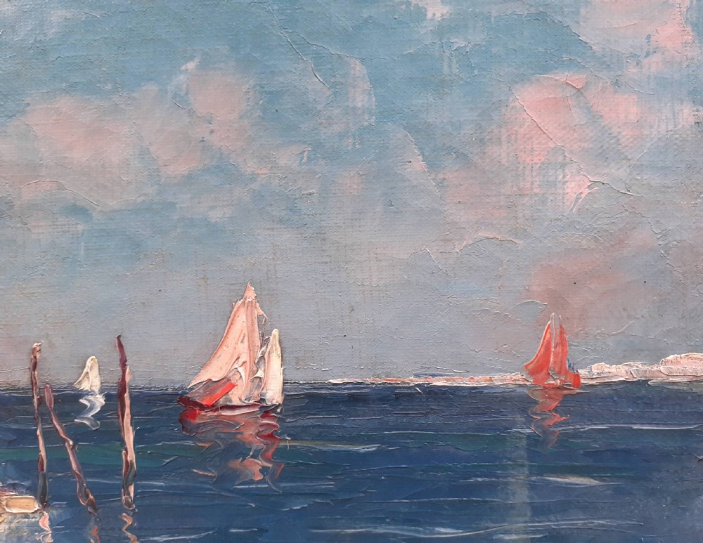 Sail boats in the Venetian Lagoon, ca 1920 mediterranean seascape Venice, Italy sun flooded oil on canvas View IV