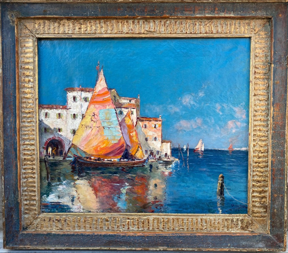 Sail boats in the Venetian Lagoon, ca 1920 mediterranean seascape Venice, Italy sun flooded oil on canvas View IX