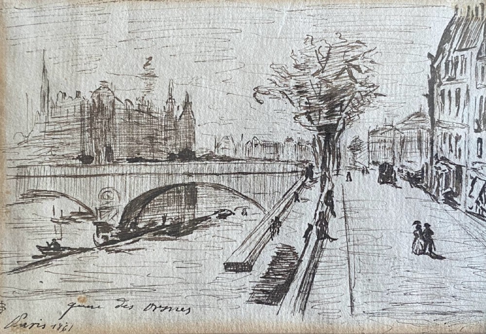 Paris, promenade on the Quay of the Seine in 1861: mysterious miniature antique line drawing on paper
