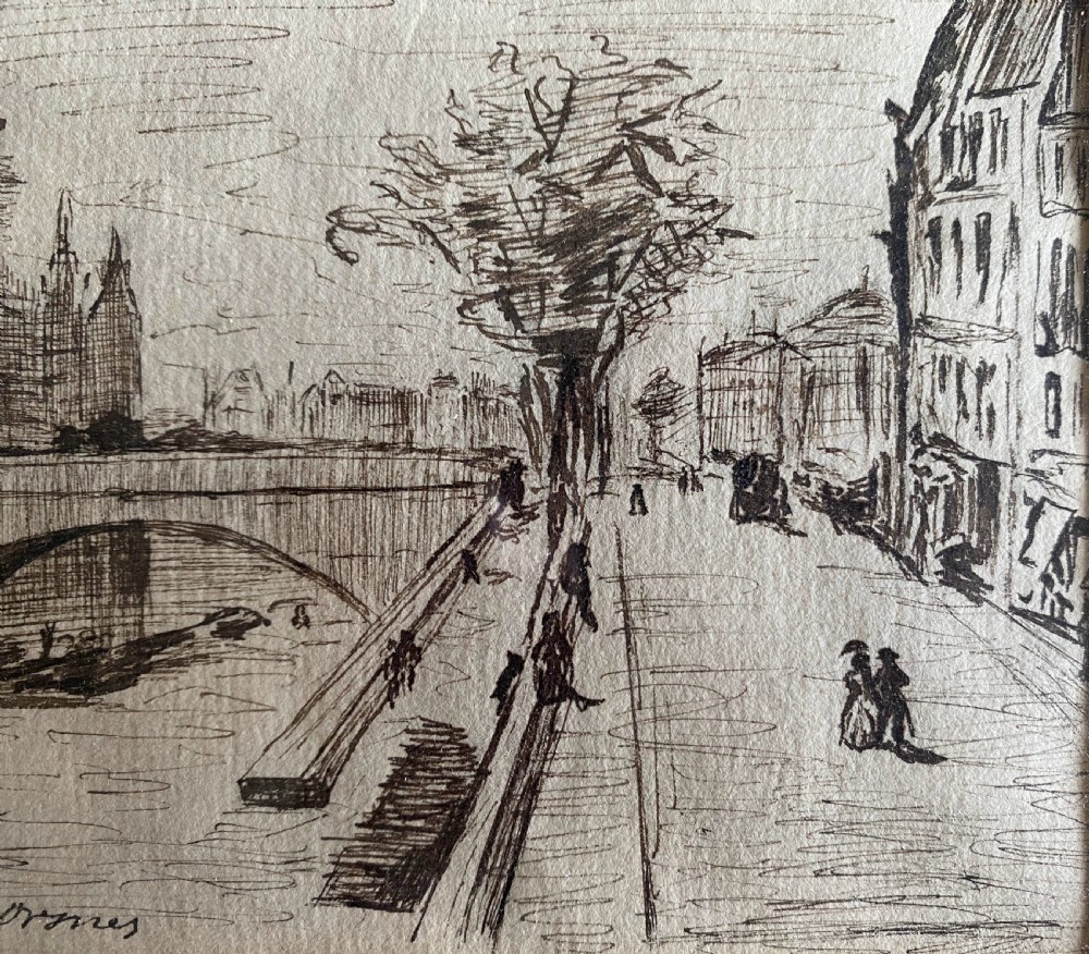 Paris, promenade on the Quay of the Seine in 1861: mysterious miniature antique line drawing on paper View II