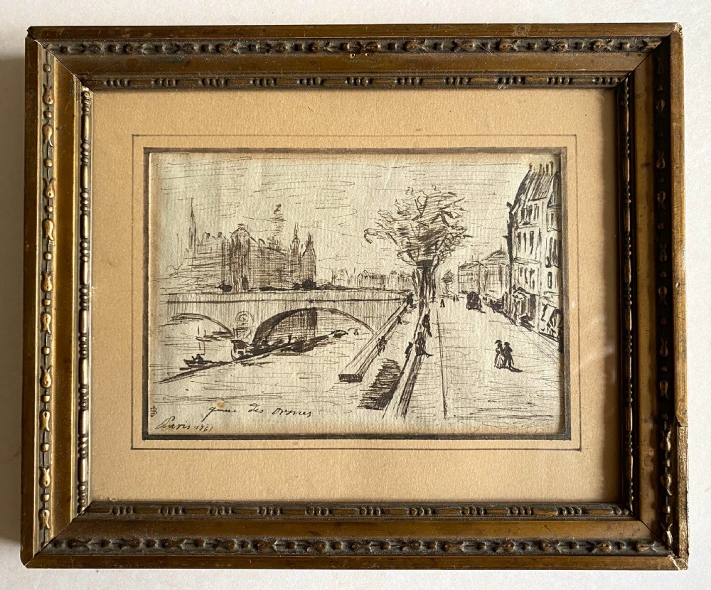 Paris, promenade on the Quay of the Seine in 1861: mysterious miniature antique line drawing on paper View III