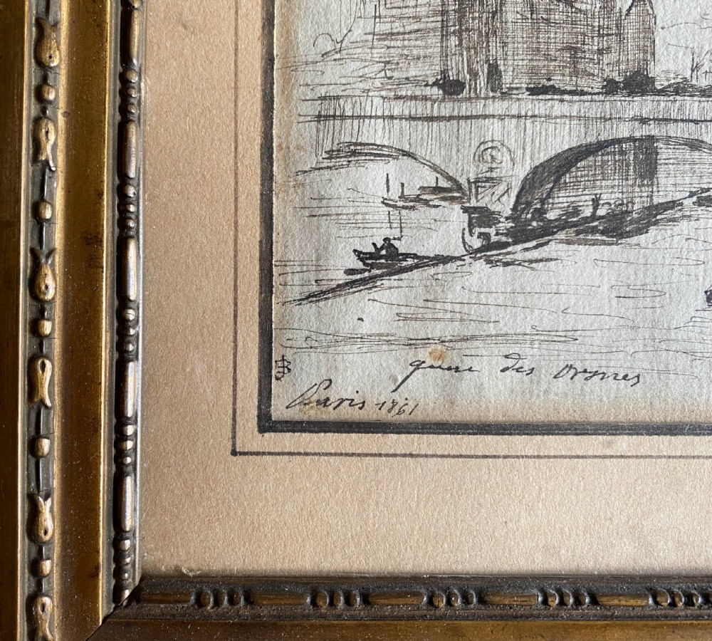 Paris, promenade on the Quay of the Seine in 1861: mysterious miniature antique line drawing on paper View IV
