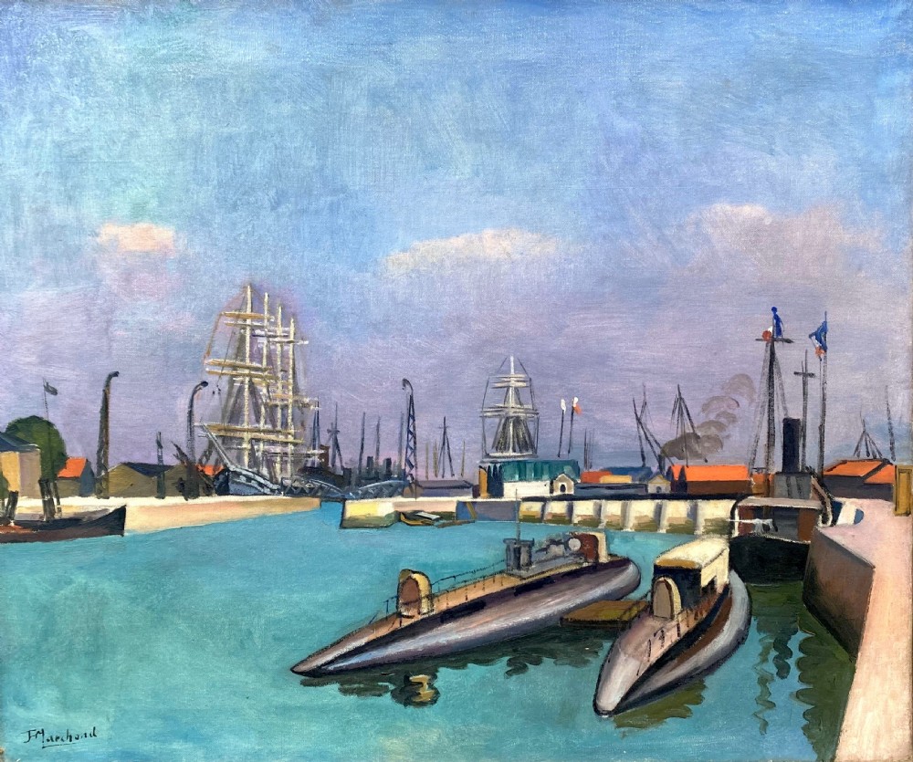 Masterpiece: fauvist submarines, 1915, cubist harbour scene by Bloomsbury group artist Jean Hippolyte Marchand large antique oil on canvas