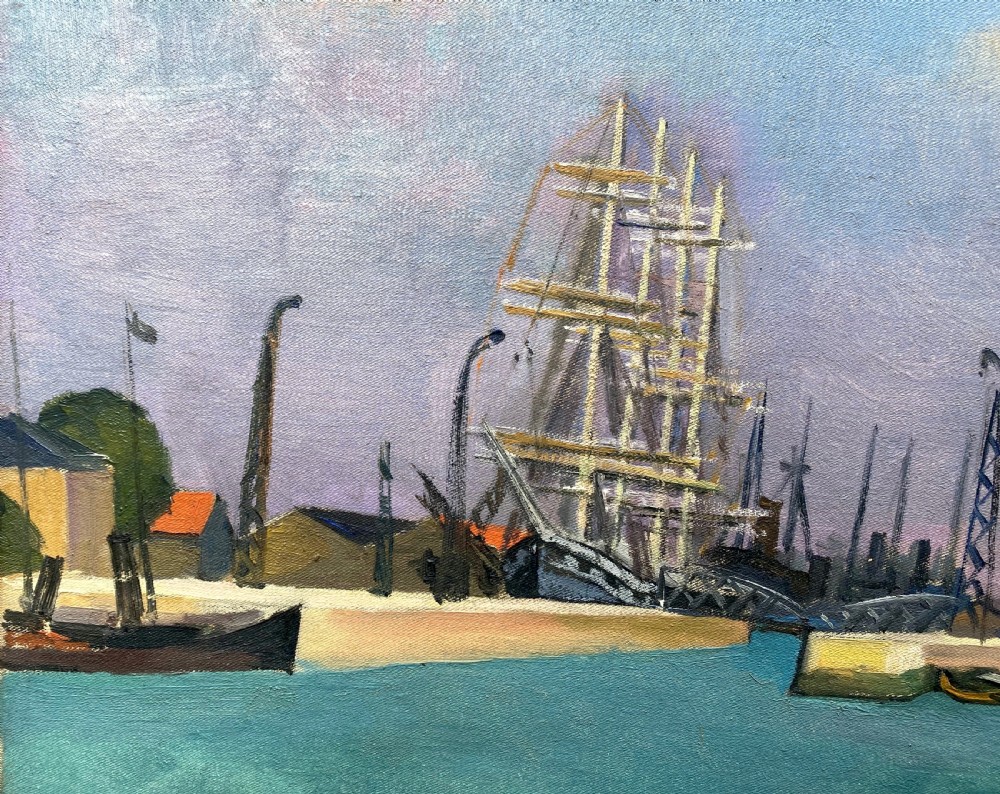 Masterpiece: fauvist submarines, 1915, cubist harbour scene by Bloomsbury group artist Jean Hippolyte Marchand large antique oil on canvas View III