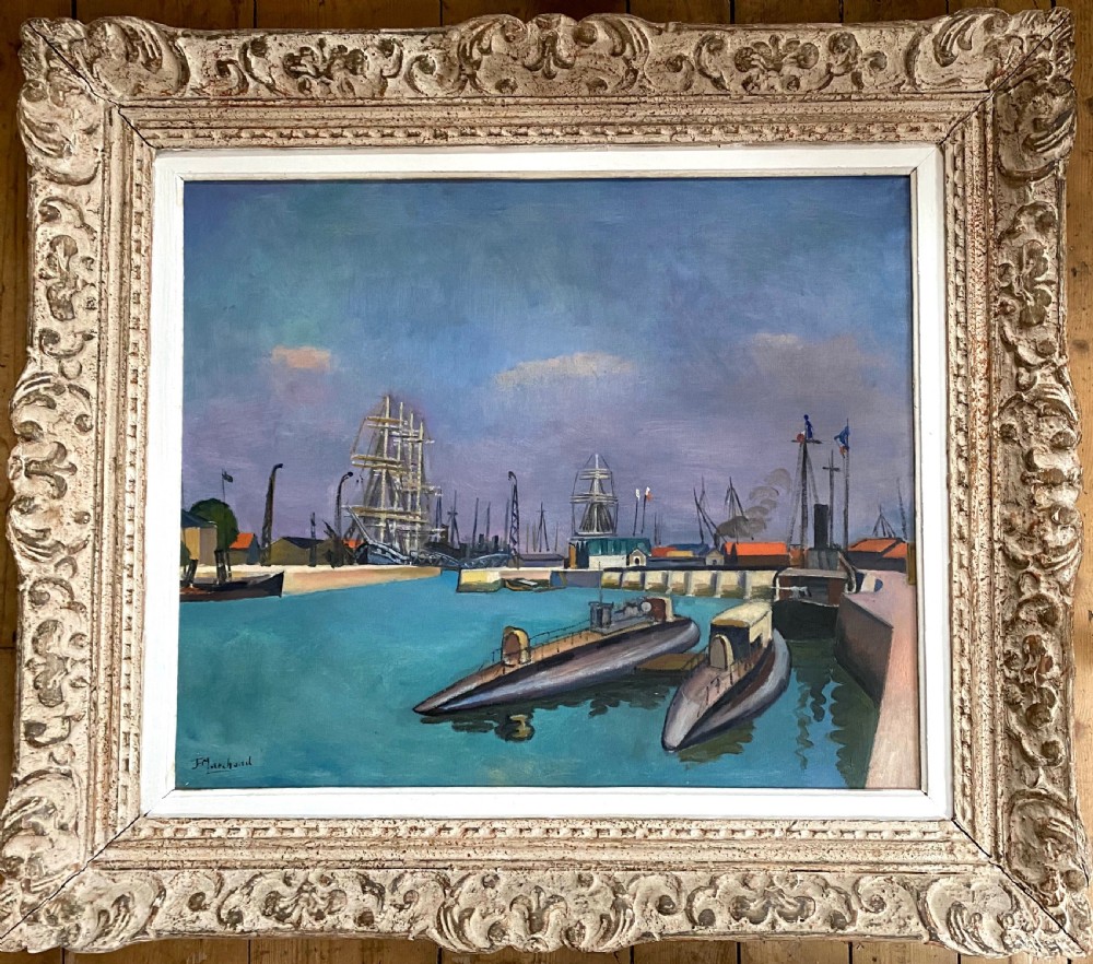 Masterpiece: fauvist submarines, 1915, cubist harbour scene by Bloomsbury group artist Jean Hippolyte Marchand large antique oil on canvas View IV