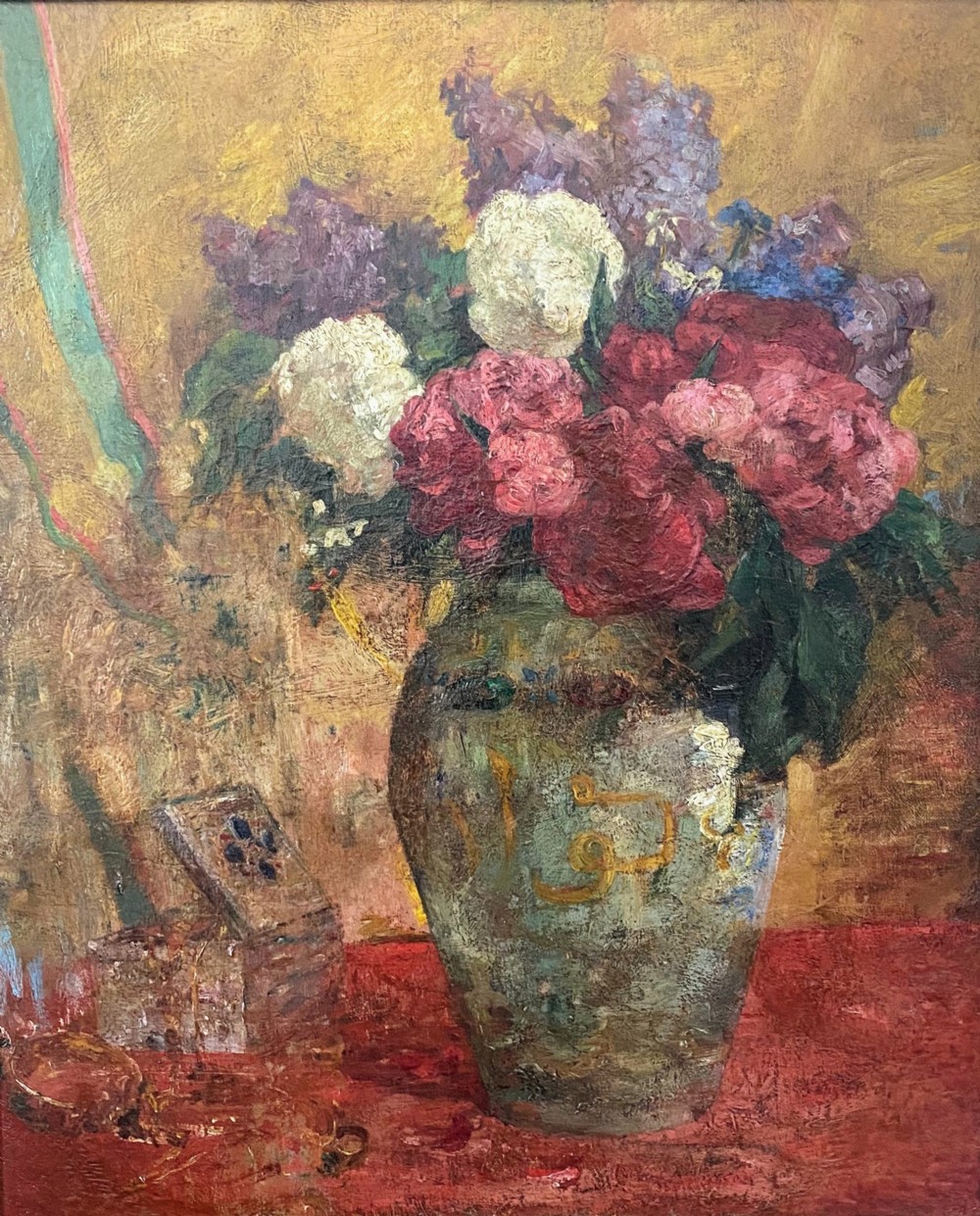 Flowers in a sun dappled room, joyous art nouveau period large French floral still life oil on canvas