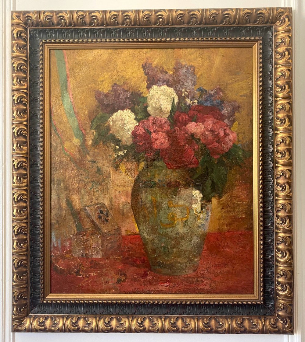 Flowers in a sun dappled room, joyous art nouveau period large French floral still life oil on canvas View II