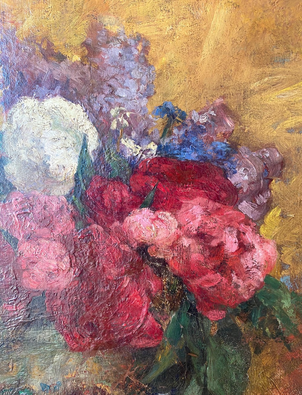 Flowers in a sun dappled room, joyous art nouveau period large French floral still life oil on canvas View III