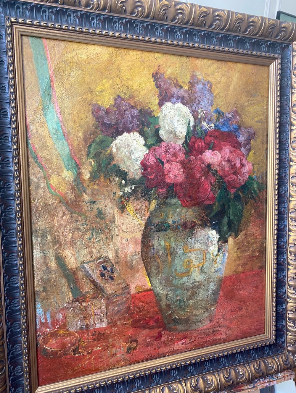 Flowers in a sun dappled room, joyous art nouveau period large French floral still life oil on canvas View V