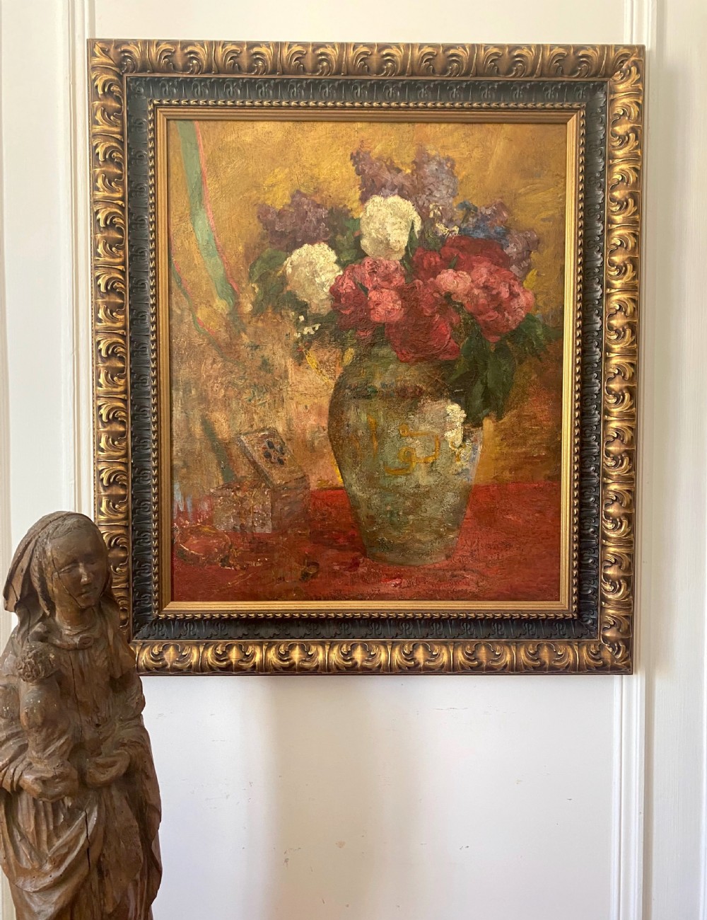 Flowers in a sun dappled room, joyous art nouveau period large French floral still life oil on canvas View VI
