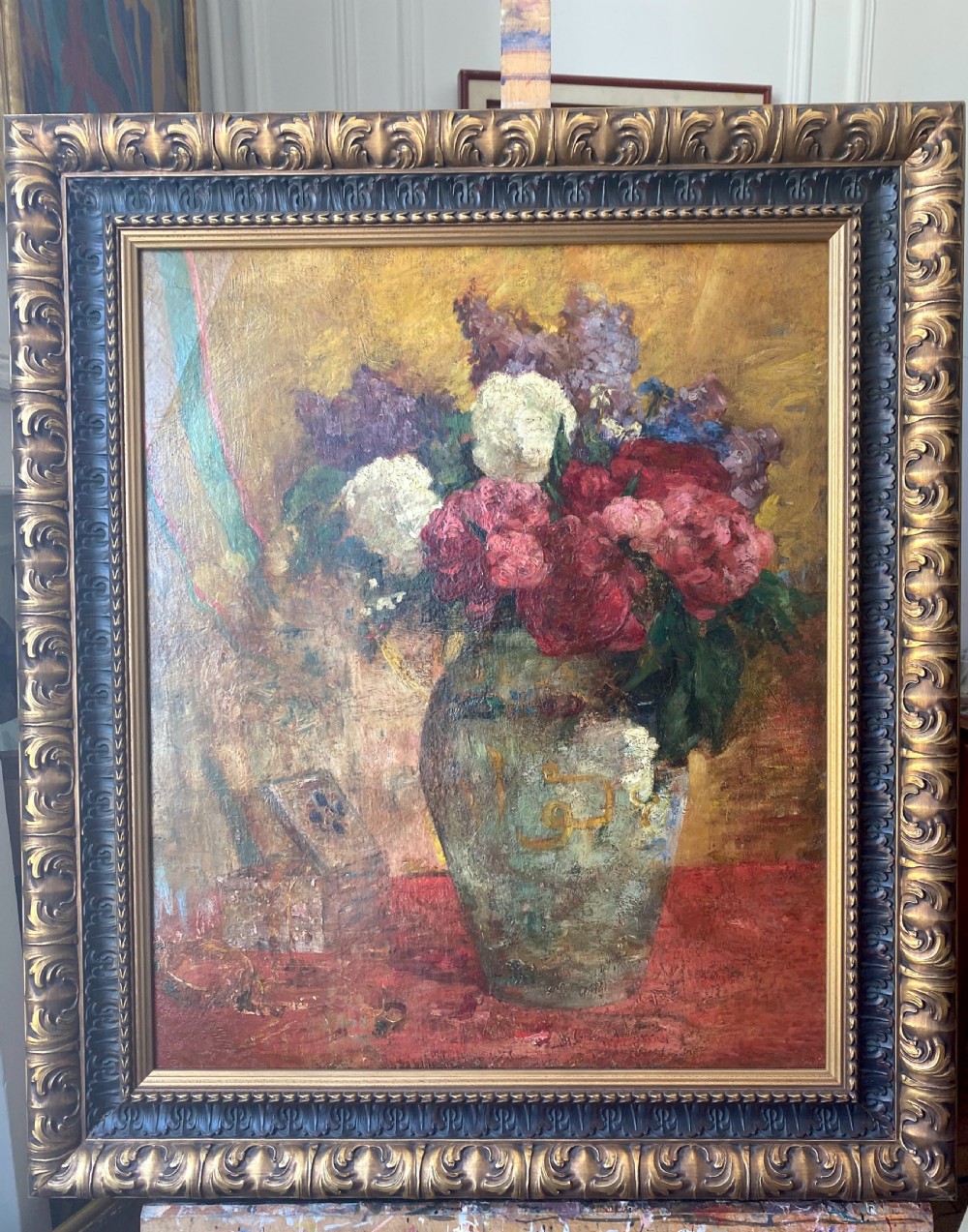 Flowers in a sun dappled room, joyous art nouveau period large French floral still life oil on canvas View VIII