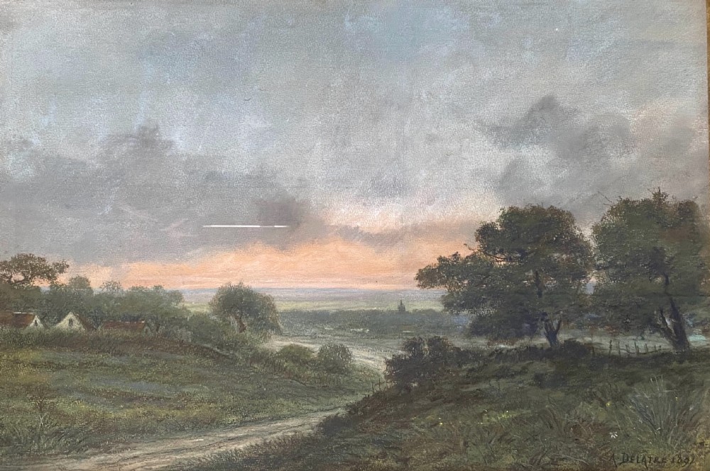 A 19th-century pastel landscape drawing depicting a dirt path through grassy fields beneath an evening sky with a pink sunset glow.